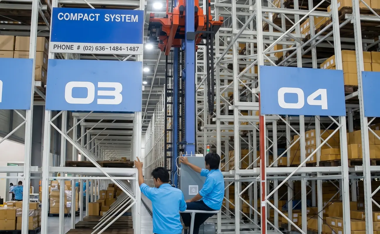 เครน ASRS ทำงานในช่องทางเดินระหว่างชั้นวางสินค้าแนวสูง